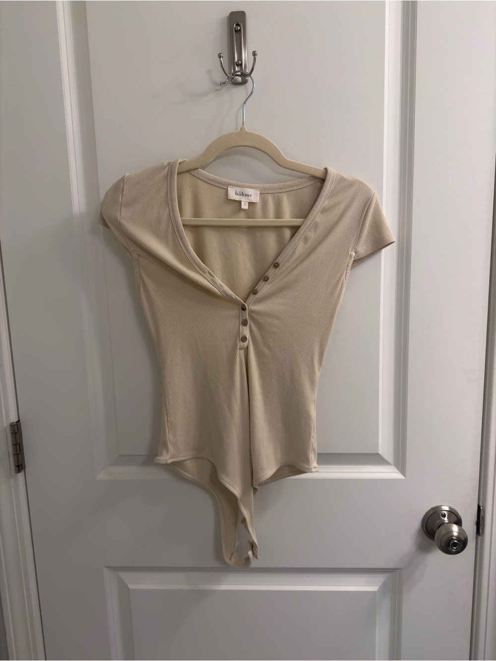 Bohme Tan Bodysuit Button Down Short Sleeve Henley
